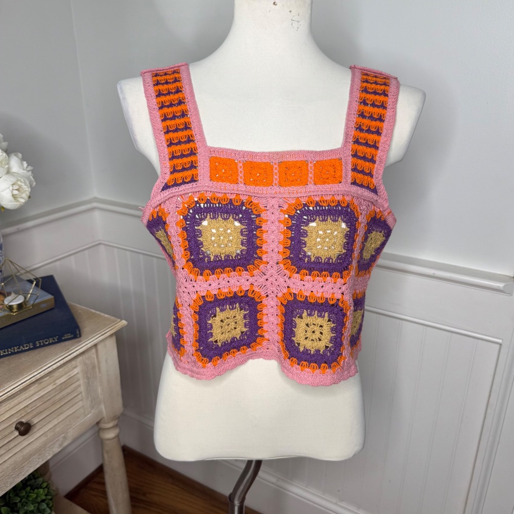 Sunland 17 Pink Orange Purple Granny Square Crochet Crop Top Tank Womens M/L